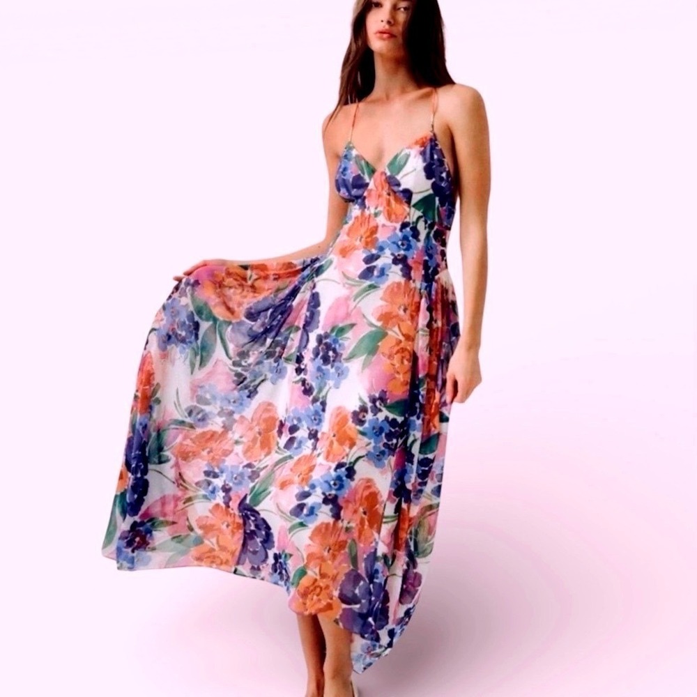 Promesa Lush Garden Floral Chiffon Open-Back Maxi Dress Size Large